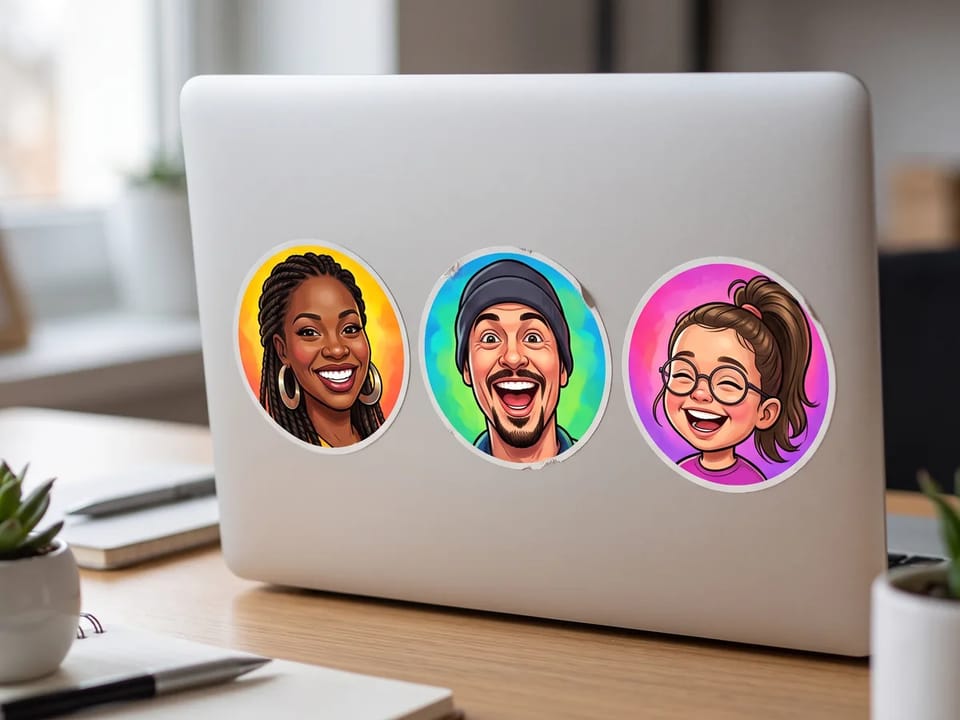 Three round caricature avatar stickers of a woman with braids, a man in a beanie, and a girl with round glasses on a silver laptop lid