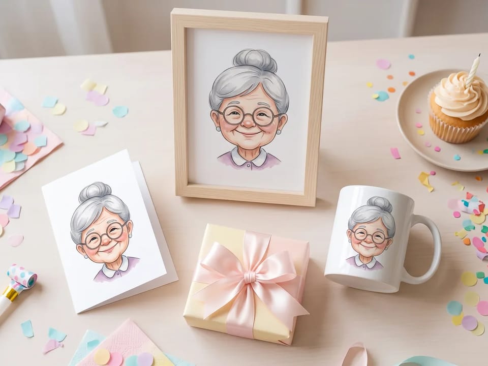 Birthday card, mug, and framed print showing the same caricature of a smiling grandmother in glasses, beside a wrapped gift and a cupcake
