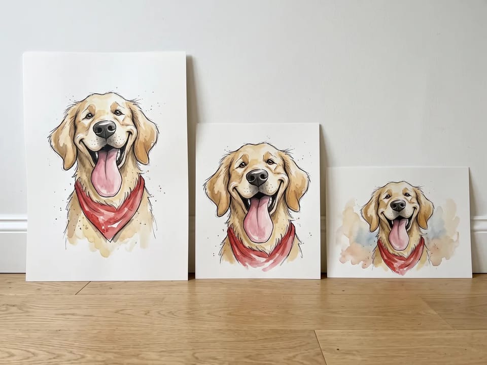 Three paper prints of a golden retriever caricature in vertical, near-square, and wide formats