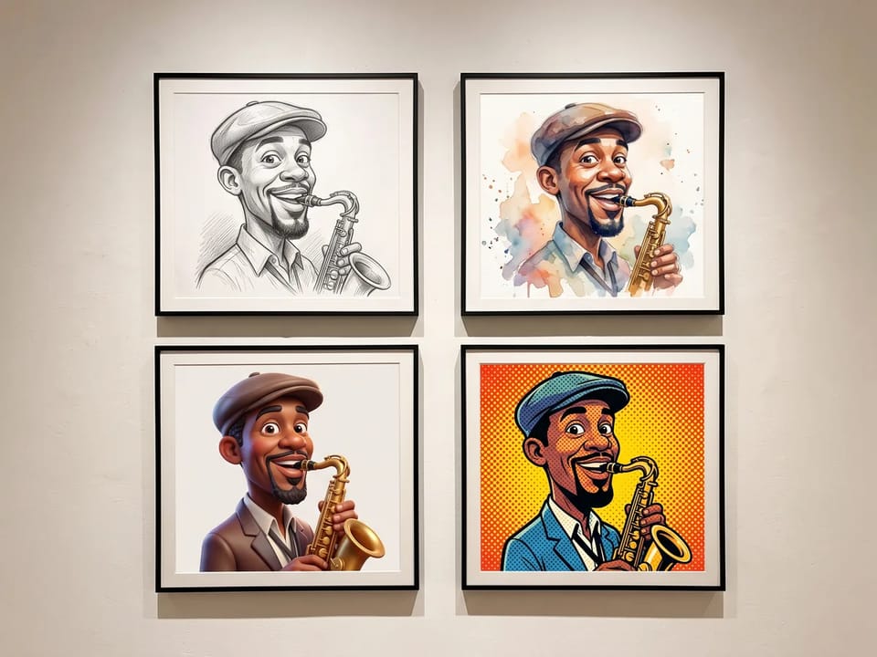 Four framed caricatures of the same jazz saxophonist in pencil, watercolor, 3D, and pop art styles