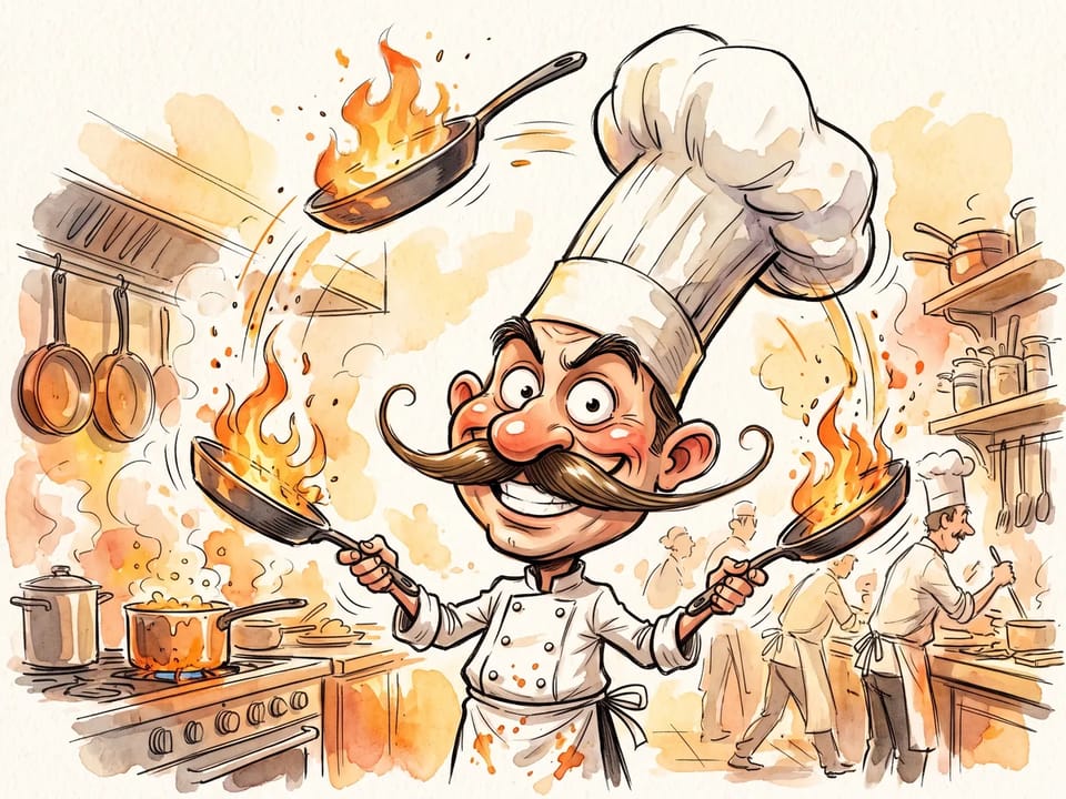 Watercolor caricature of a chef with a tall hat juggling flaming pans in a warm kitchen