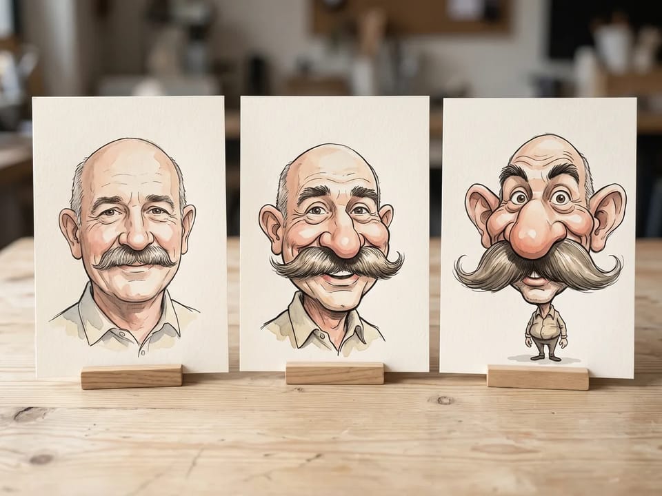 Three caricatures of a bald man with a mustache, from subtle to extreme exaggeration, on cream cards