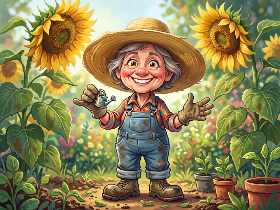 Caricature of a woman gardener with an oversized sunhat, a tiny watering can, and giant sunflowers