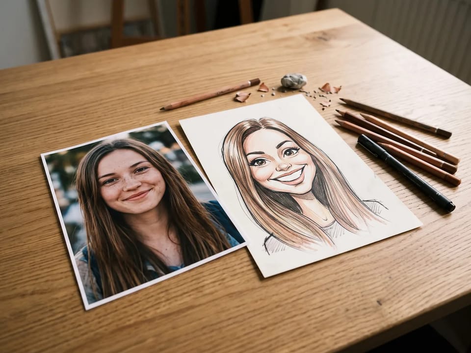 Printed portrait photo of a young woman beside a hand-drawn caricature of her on a wooden desk