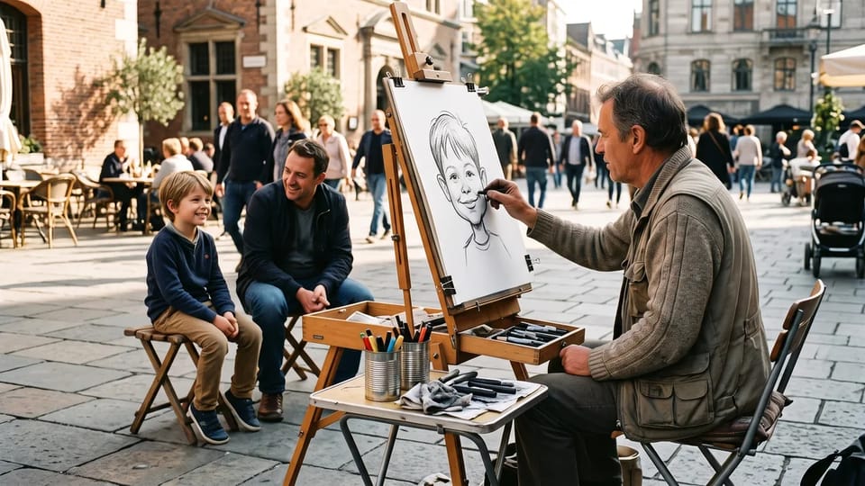 Street artist drawing an exaggerated portrait of a smiling boy at an easel on a sunny plaza while a parent sits beside him