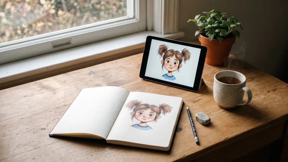 Wooden desk by a window with a sketchbook holding a colored cartoon portrait, a pencil, an eraser, a propped tablet showing the same portrait, a mug of tea and a plant