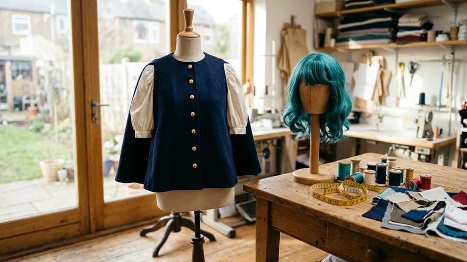Tailor’s mannequin in a sewing workshop wearing a navy wool cape with gold buttons, beside a teal wig, fabric swatches and thread spools