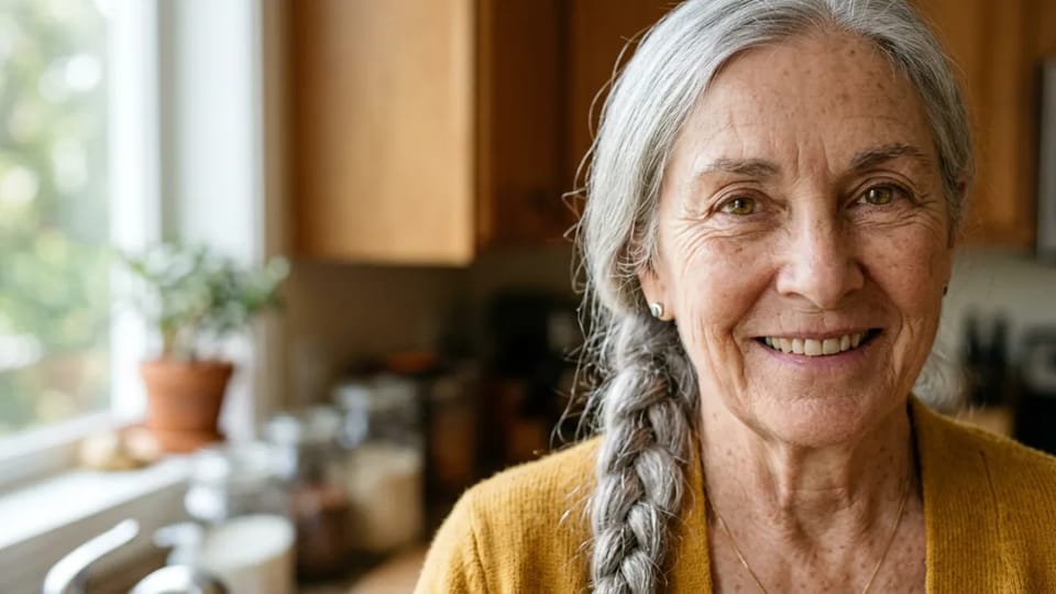 Close-up photograph of an elderly woman with a silver braid, fine wrinkles and individual hair strands in soft window light