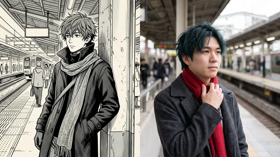 Black-and-white manga ink drawing of a young man in a long coat and scarf beside a realistic color photograph of him on a train platform