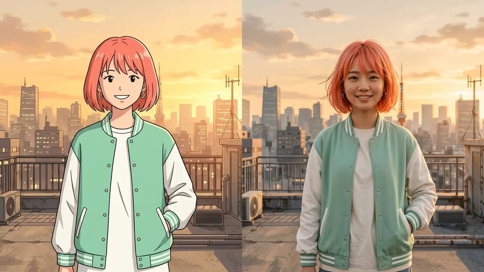 Anime illustration of a girl with a coral-pink bob and a mint varsity jacket beside a realistic photograph of the same design on a rooftop