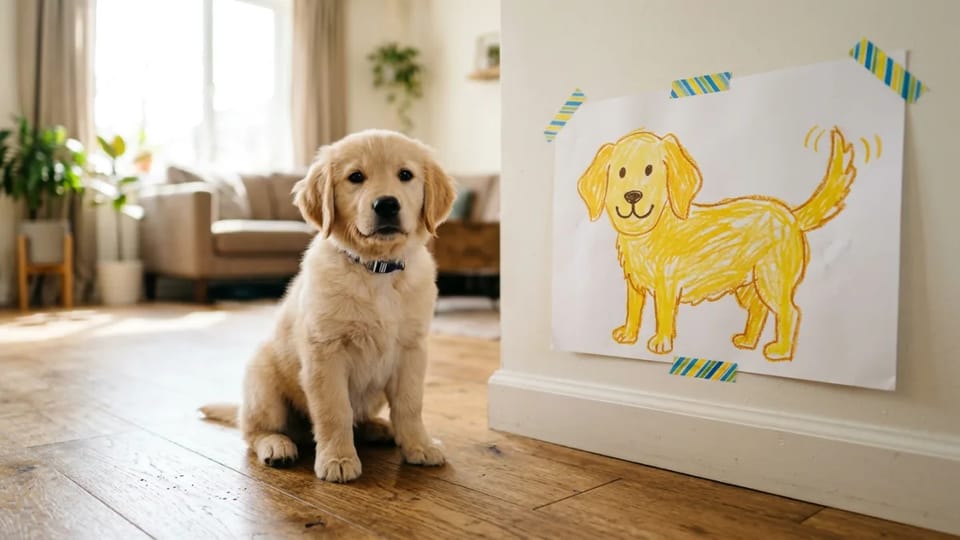 Golden retriever puppy sitting on a wooden floor beside a child’s crayon drawing of a golden dog taped to a wall