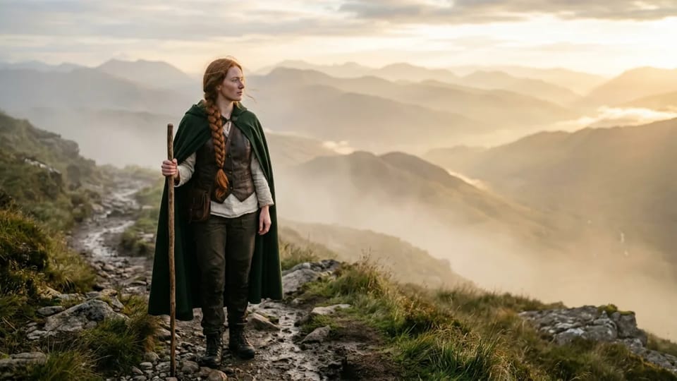 Realistic photograph of a woman with a long red braid and a green cloak holding a wooden staff on a misty mountain trail at sunrise