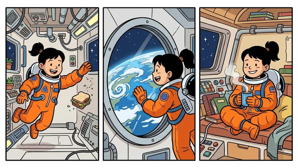 Three-panel comic strip of the same girl astronaut in an orange suit chasing a floating sandwich, looking at a blue planet, and holding a mug