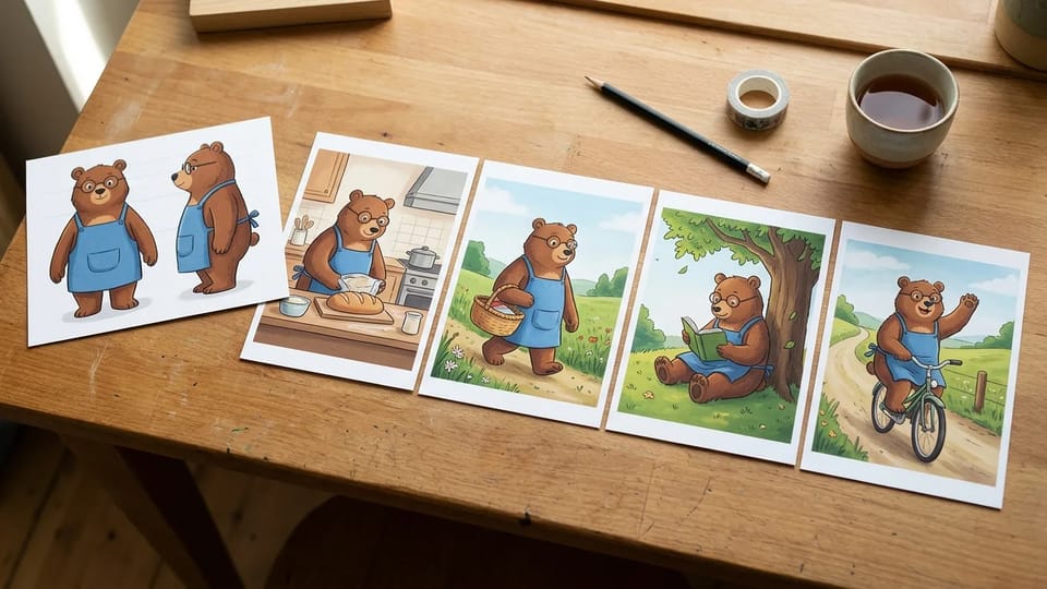 Desk with a printed reference card of a cartoon bear in a blue apron and round glasses beside four prints of the same bear baking, walking, reading, and cycling