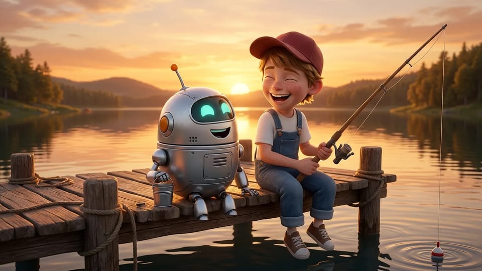 A freckled boy in a red cap and a small round silver robot laughing together on a wooden pier at sunset, the boy holding a fishing rod