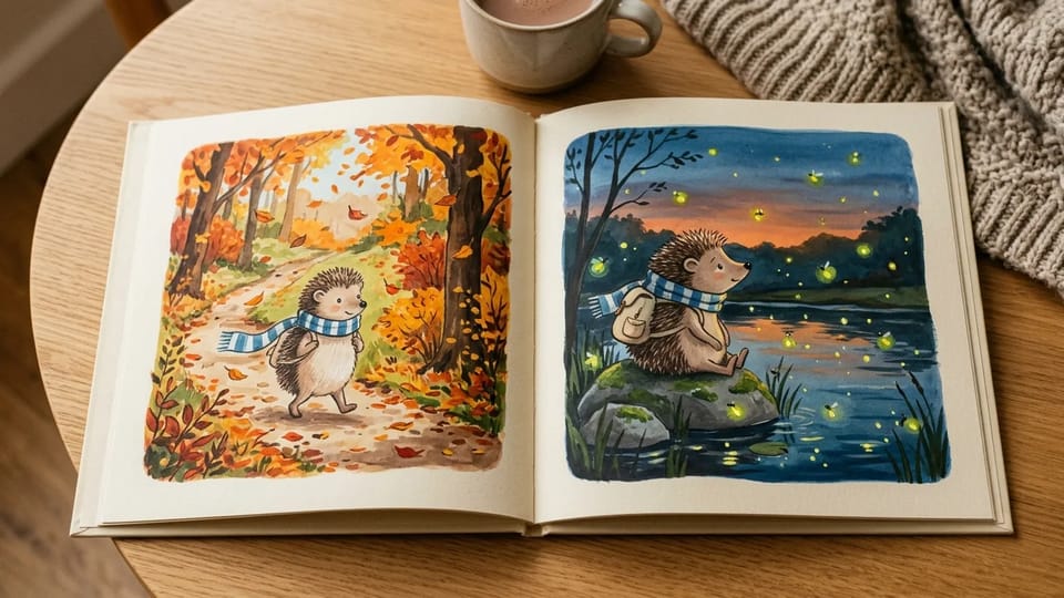 Open picture book on an oak table showing the same hedgehog in a striped scarf walking through an autumn forest and sitting by a pond at dusk