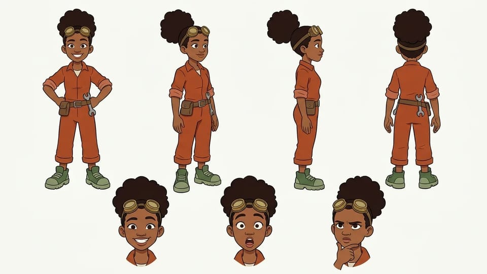 Character turnaround sheet of a teenage inventor girl with brass goggles and an orange jumpsuit in front, three-quarter, side, and back views with three expressions