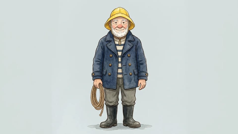 Full-body front view of an elderly lighthouse keeper with a white beard, yellow rain hat, and navy peacoat holding a coil of rope on a plain background