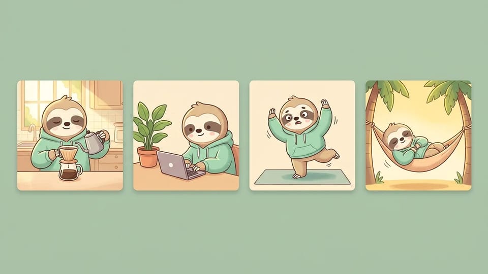 Four square illustrations of the same sloth in a mint hoodie making coffee, typing on a laptop, doing yoga, and napping in a hammock