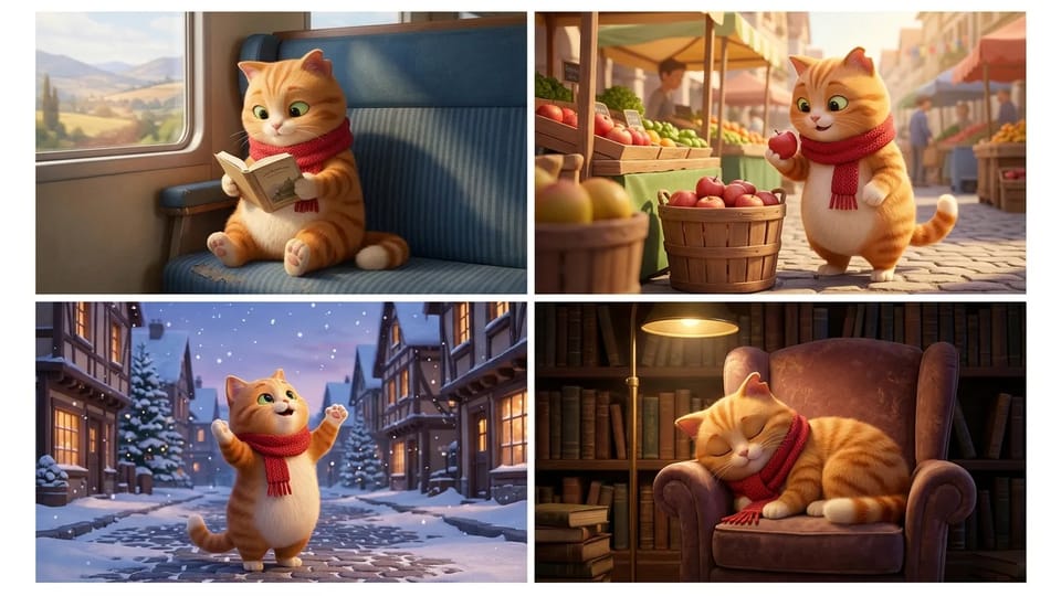 Four scenes of the same orange tabby cat in a red scarf reading on a train, picking apples at a market, catching snowflakes, and napping in a library