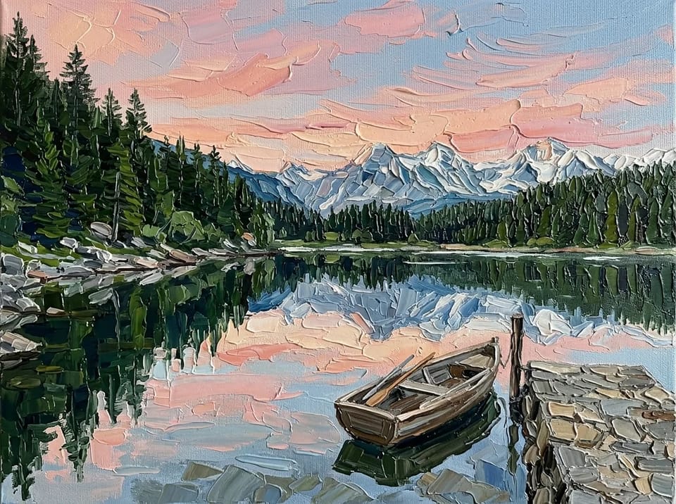 Thick impasto oil painting of an alpine lake at sunrise with a pine forest, snowy peaks and a rowboat, in heavy palette-knife strokes