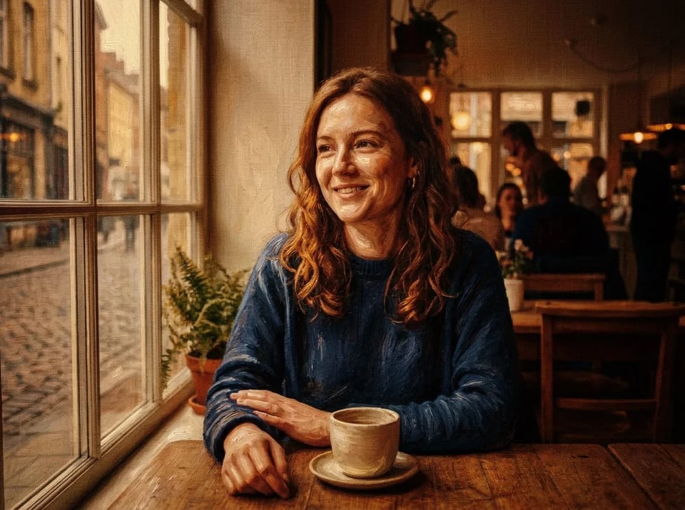 Classical oil painting of a young woman with wavy auburn hair and freckles in a navy knit sweater at a cafe table beside a window, with smooth blended brushwork and warm earth tones