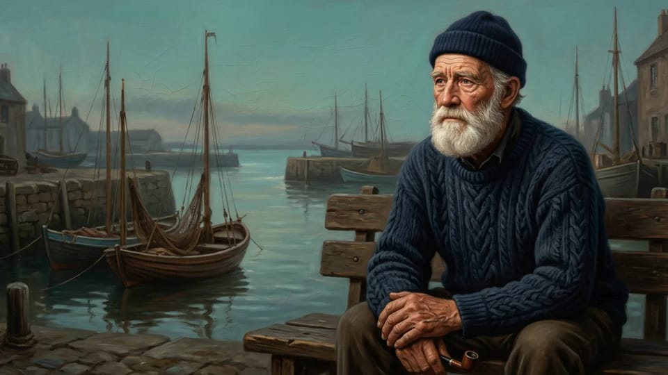 Classical oil painting of an elderly fisherman with a white beard and navy wool cap seated on a wooden bench at a harbor, in warm earth tones with a muted teal background