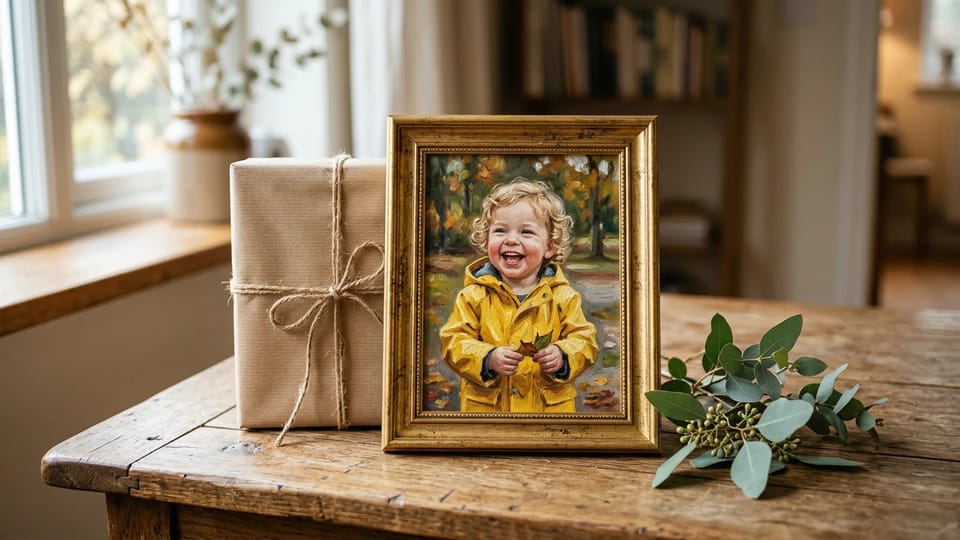 Framed oil painting of a smiling toddler in a yellow raincoat leaning against a kraft-paper gift box tied with twine on a wooden table