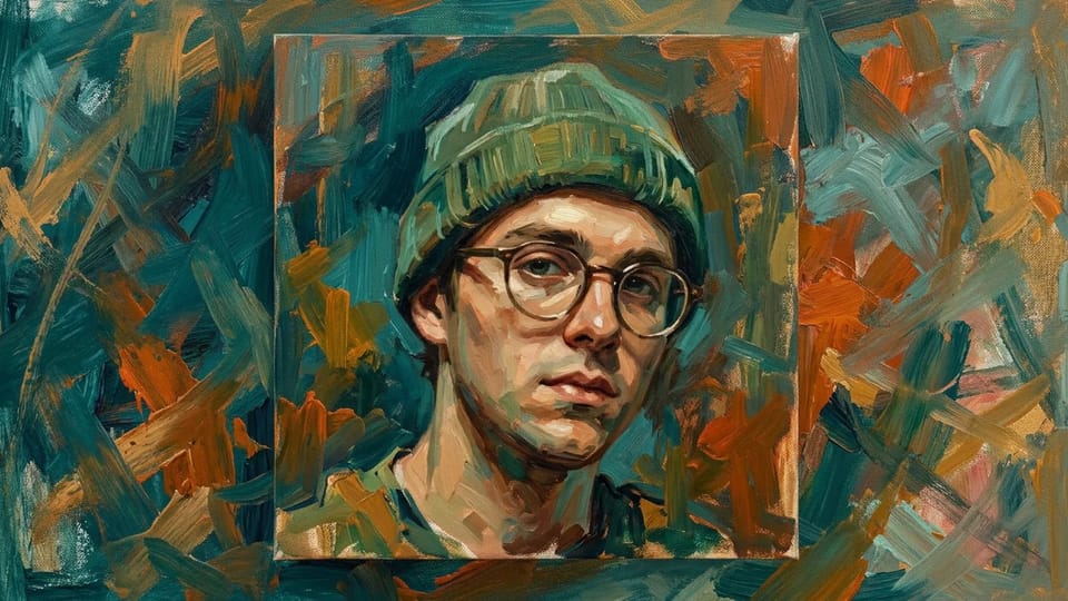 Oil painting self-portrait of a young man in round glasses and a green knit beanie, with loose brushstrokes in teal and orange