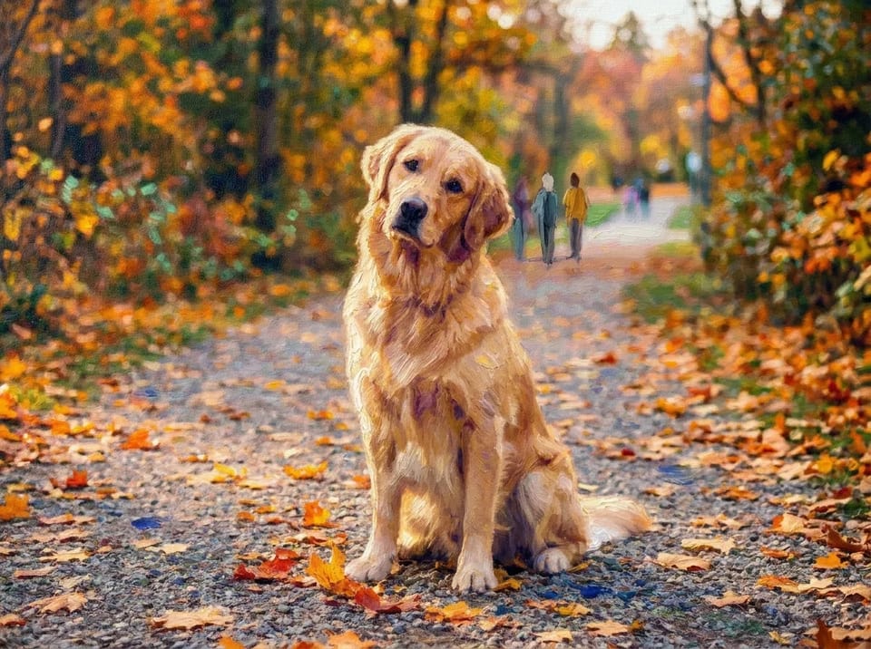 Impressionist oil painting of a golden retriever sitting among fallen maple leaves in an autumn park, in short dabs of broken color