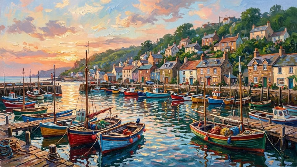 Impressionist oil painting of a fishing village harbor at golden hour with colorful wooden boats and light shimmering on the water