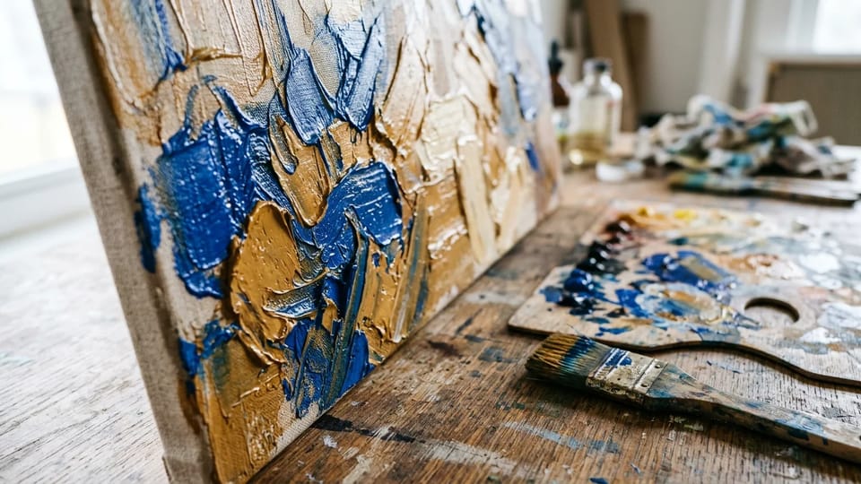 Close-up of thick cobalt blue, ochre and cream palette-knife ridges of oil paint on canvas, with a paint-smeared wooden palette and a flat brush on a table