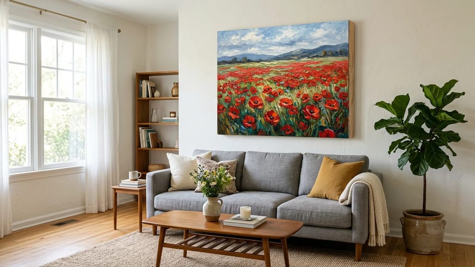Bright living room with a large stretched-canvas oil painting of a red poppy field hanging above a gray linen sofa