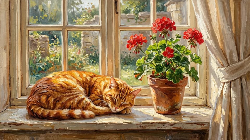 Oil painting of an orange tabby cat curled up on a sunny windowsill beside a red geranium, with thick brushstrokes and palette-knife highlights on the fur