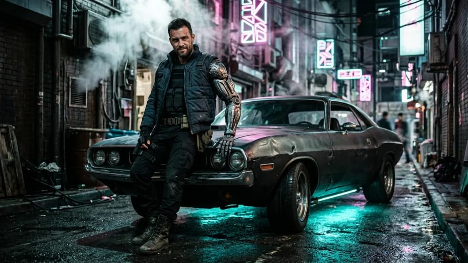 Mercenary with a chrome cybernetic arm and a dark-blue padded vest leaning on a dented muscle car with teal underlights in a steamy neon alley