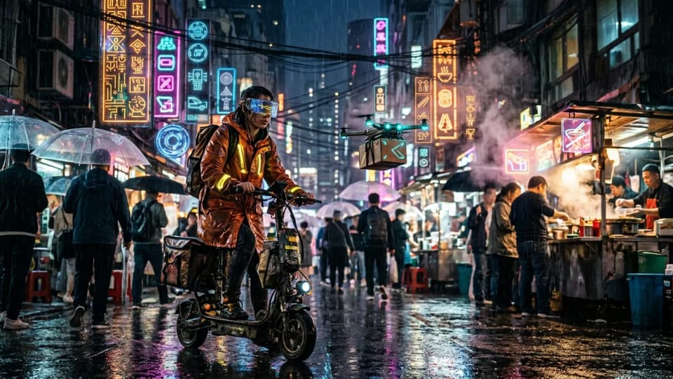 Courier in an orange rain jacket and LED visor riding an electric scooter through a rainy neon night market, with a delivery drone carrying a parcel beside her