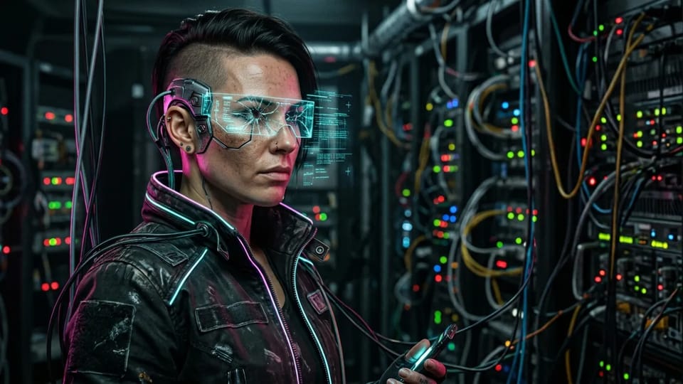 Cyborg hacker with an undercut, a chrome implant at her temple, and a cracked holographic visor in a dim server room lit in magenta and cyan