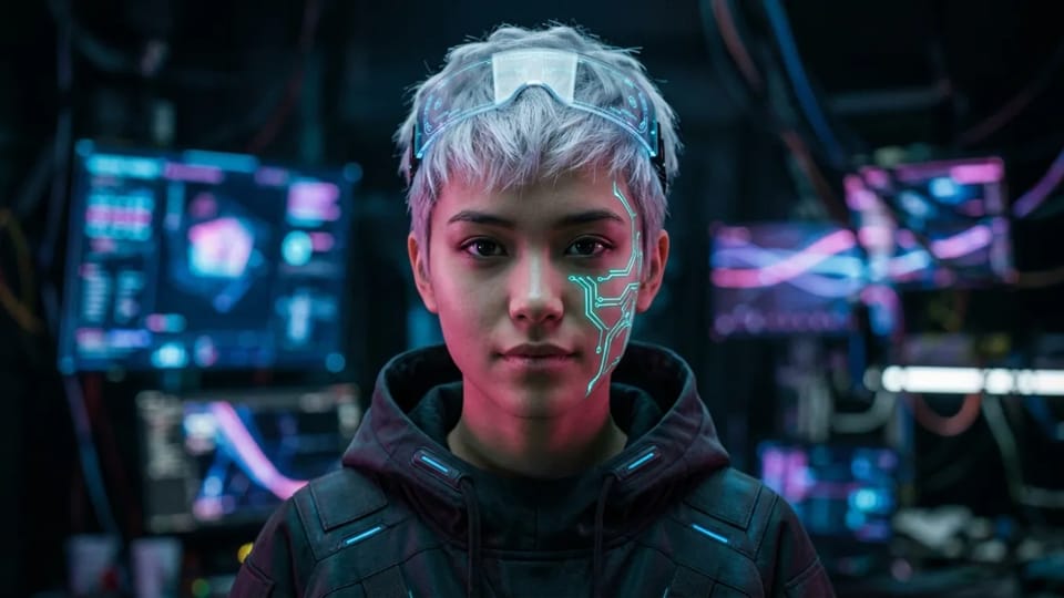 Head-and-shoulders portrait of a young person with silver hair, turquoise LED tattoo lines on one cheek, and a visor pushed up on the forehead in blue and pink light