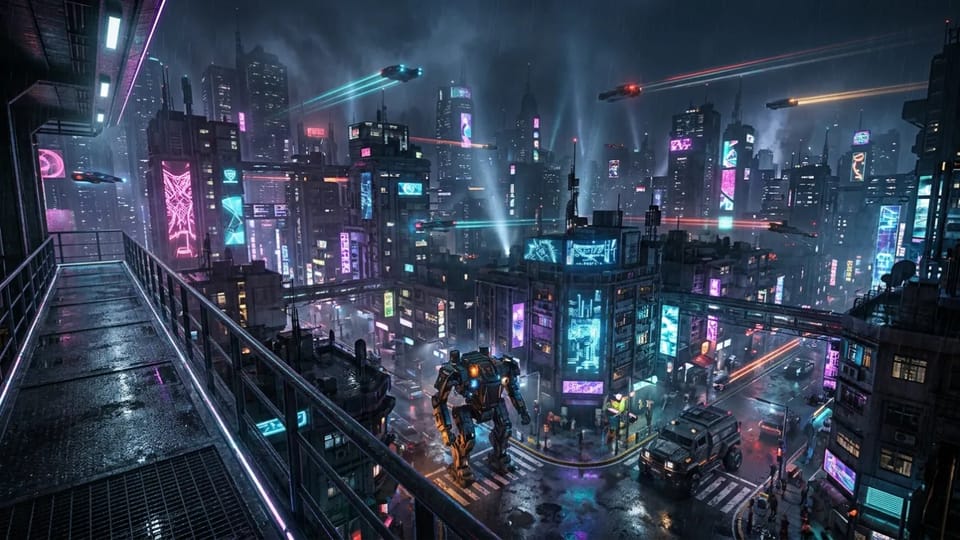 Rainy cyberpunk megacity at night with flying cars streaking between neon towers and a bipedal maintenance mech standing at a street corner below