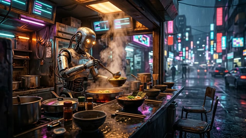 Old chrome service robot chef ladling steaming ramen at a small noodle bar counter at night, with rain and magenta and cyan neon outside