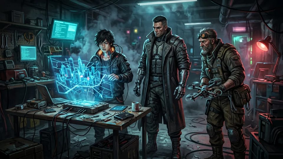 Three cyberpunk characters, a young decker, a street samurai with chrome forearms, and an older rigger holding a drone, planning around a table under a holographic city map