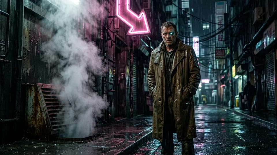 Tired detective in a wet trench coat with one glowing cybernetic eye under a flickering pink neon arrow, steam rising from a street vent in the rain