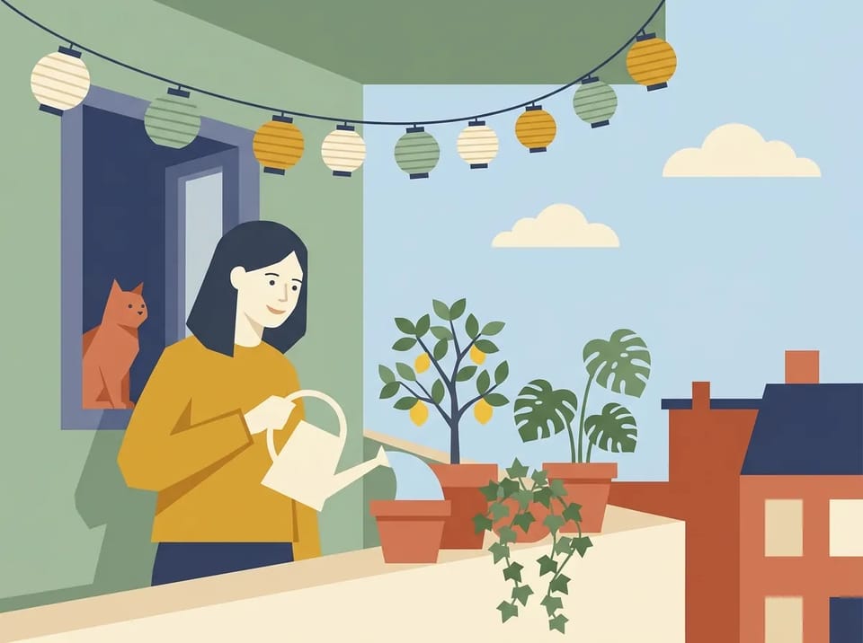 Flat illustration of a woman in a mustard sweater watering potted plants on a sunny balcony while a ginger cat watches from the window, drawn in solid sage, terracotta and cream shapes