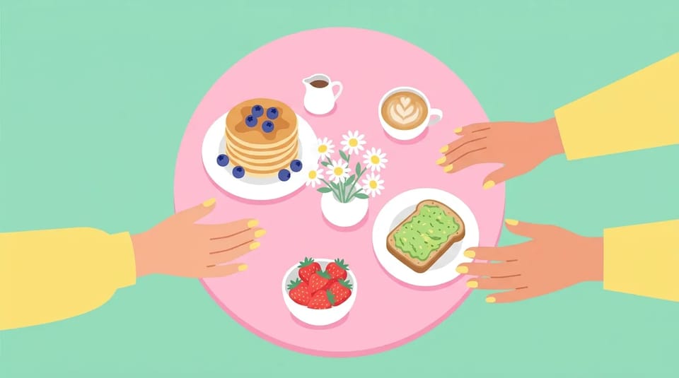Top-down flat illustration of a round pink breakfast table with blueberry pancakes, strawberries, a latte, avocado toast, and daisies against a mint background