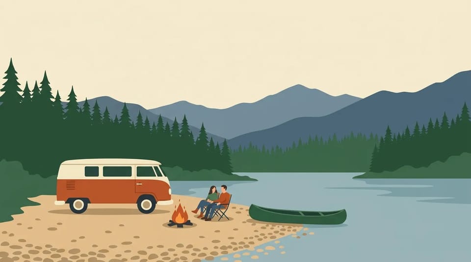 Flat illustration of a vintage camper van parked by an alpine lake with pine trees, layered mountains, a canoe, and a couple sitting by a campfire