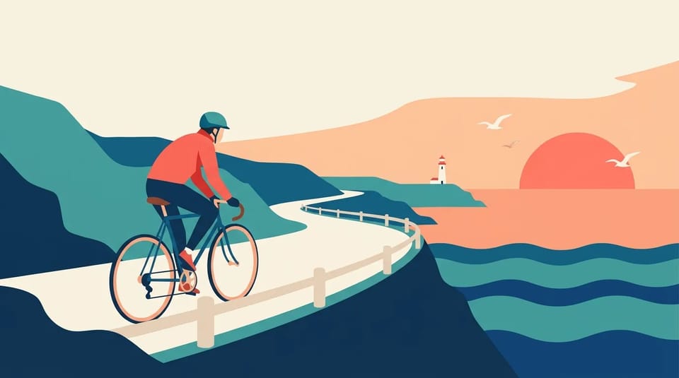 Minimal flat illustration of a cyclist in a red jacket riding along a coastal road at sunrise, with a lighthouse, gulls, and a large half sun in coral and teal