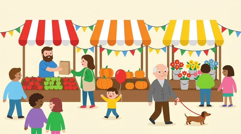 Flat illustration of a busy farmers market with striped awning stalls, a vendor handing a bag to a shopper, a child with a red balloon, and a man walking a dachshund