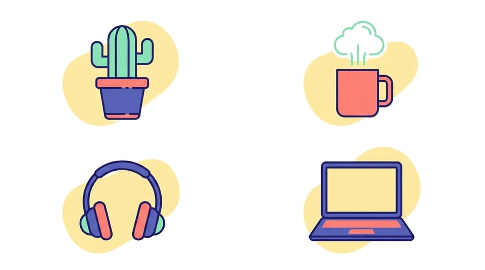 Matching set of four flat spot illustrations in a two-by-two grid: a potted cactus, a steaming coffee mug, headphones, and an open laptop, each on a pale yellow shape