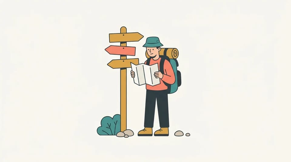 Flat spot illustration of a hiker with a large backpack reading a paper map beside a wooden trail signpost on a plain off-white background