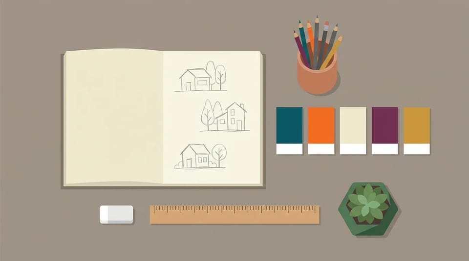 Top-down flat illustration of an illustrator desk with an open sketchbook of thumbnail sketches, five color swatch cards, a cup of pencils, a ruler, and a succulent